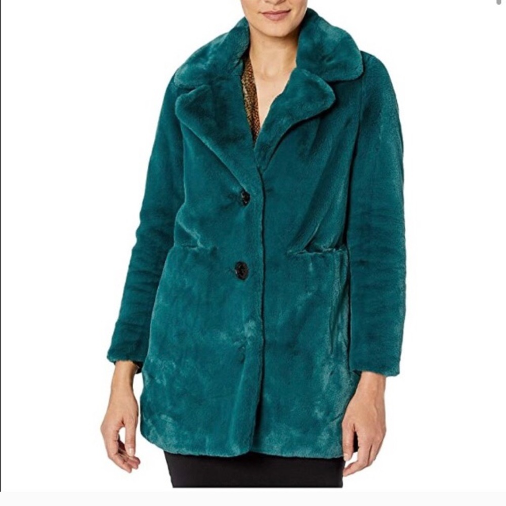 Sam Edelman Faux Fur Teal Coat Notch Collar Small